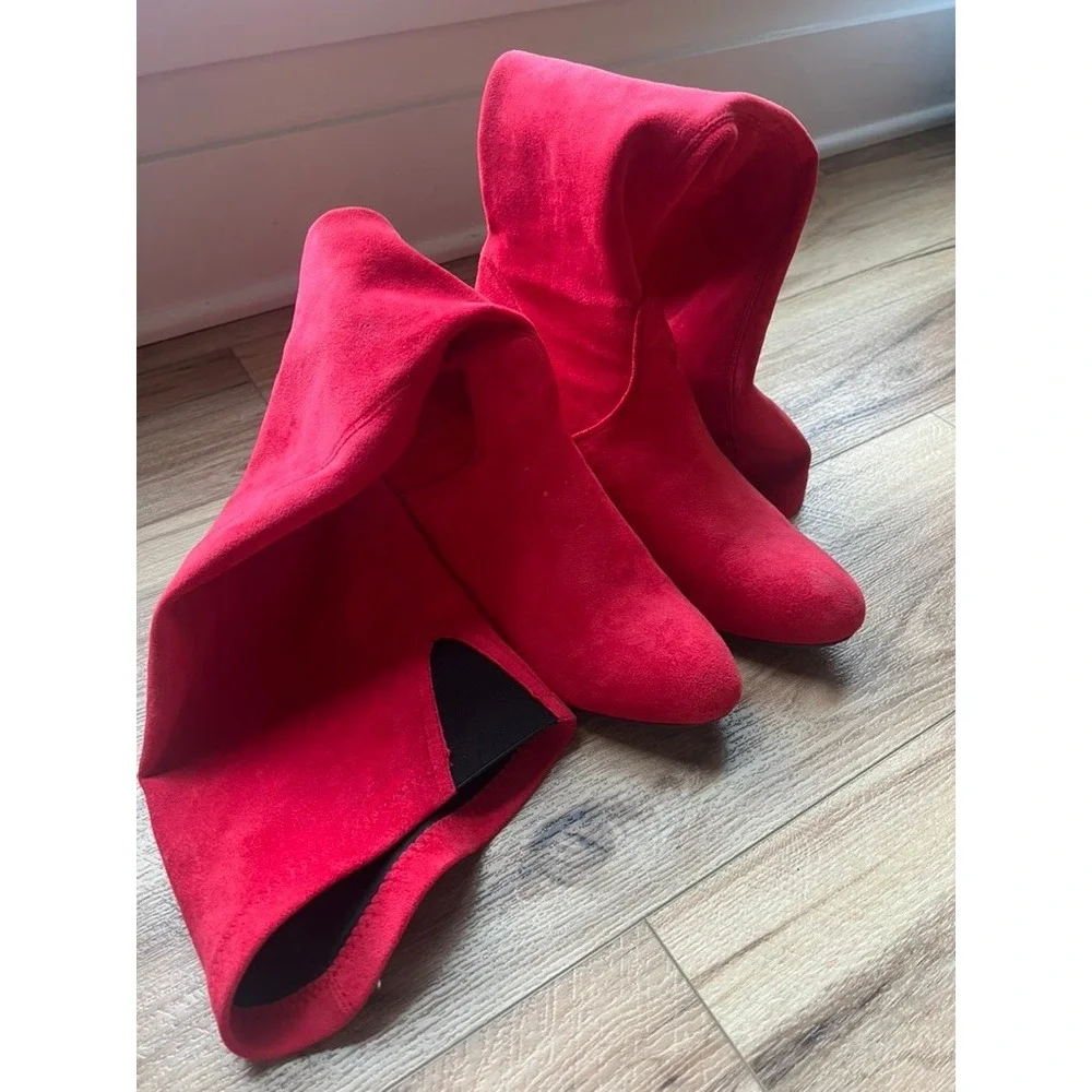 Over The Knee Boots W 11/42 Red Faux Suede Block Heel Tall Boots Sexy Date Night